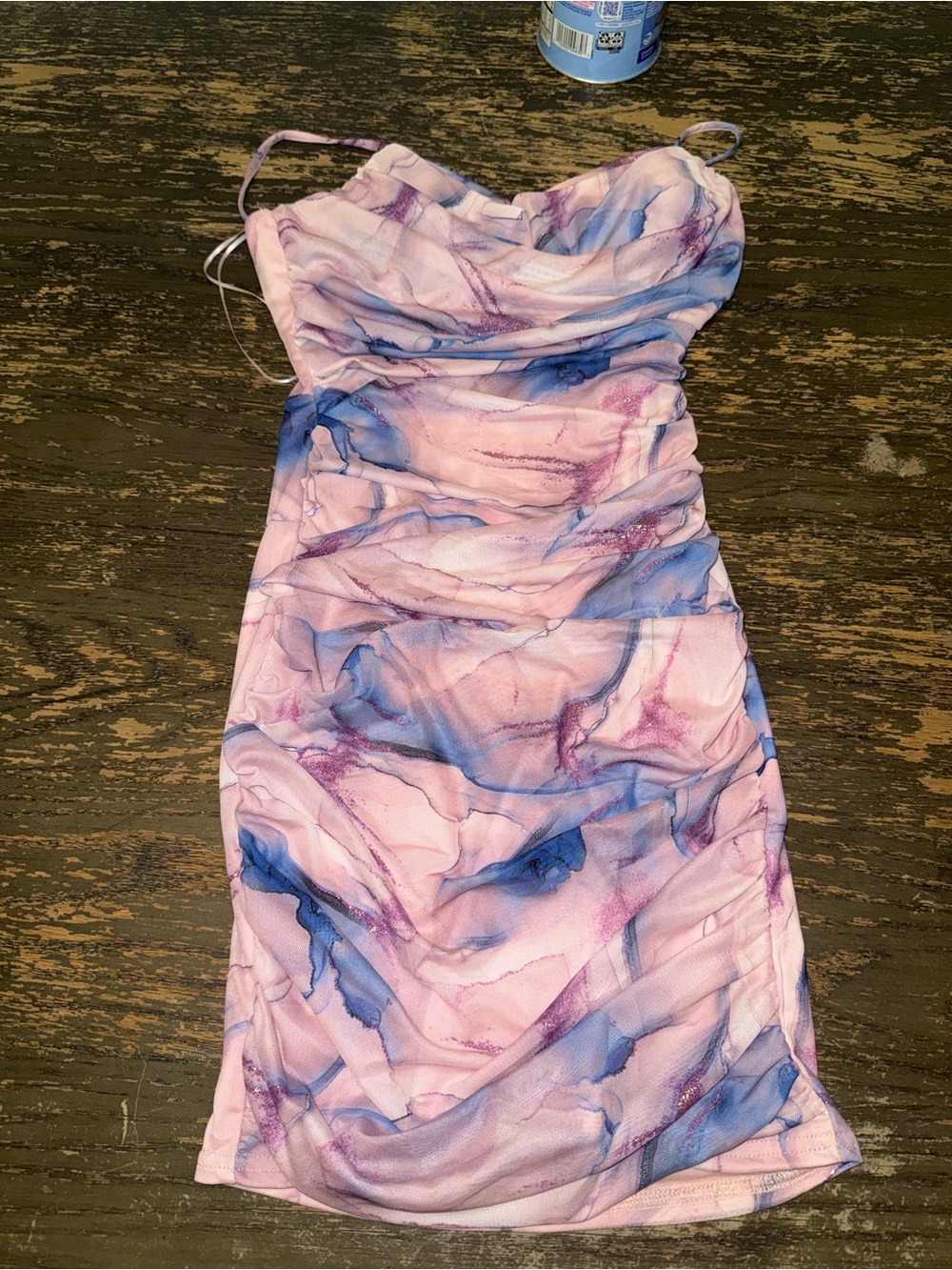 Ruched Marble-Print Mini Slip Dress in Pink & Blue